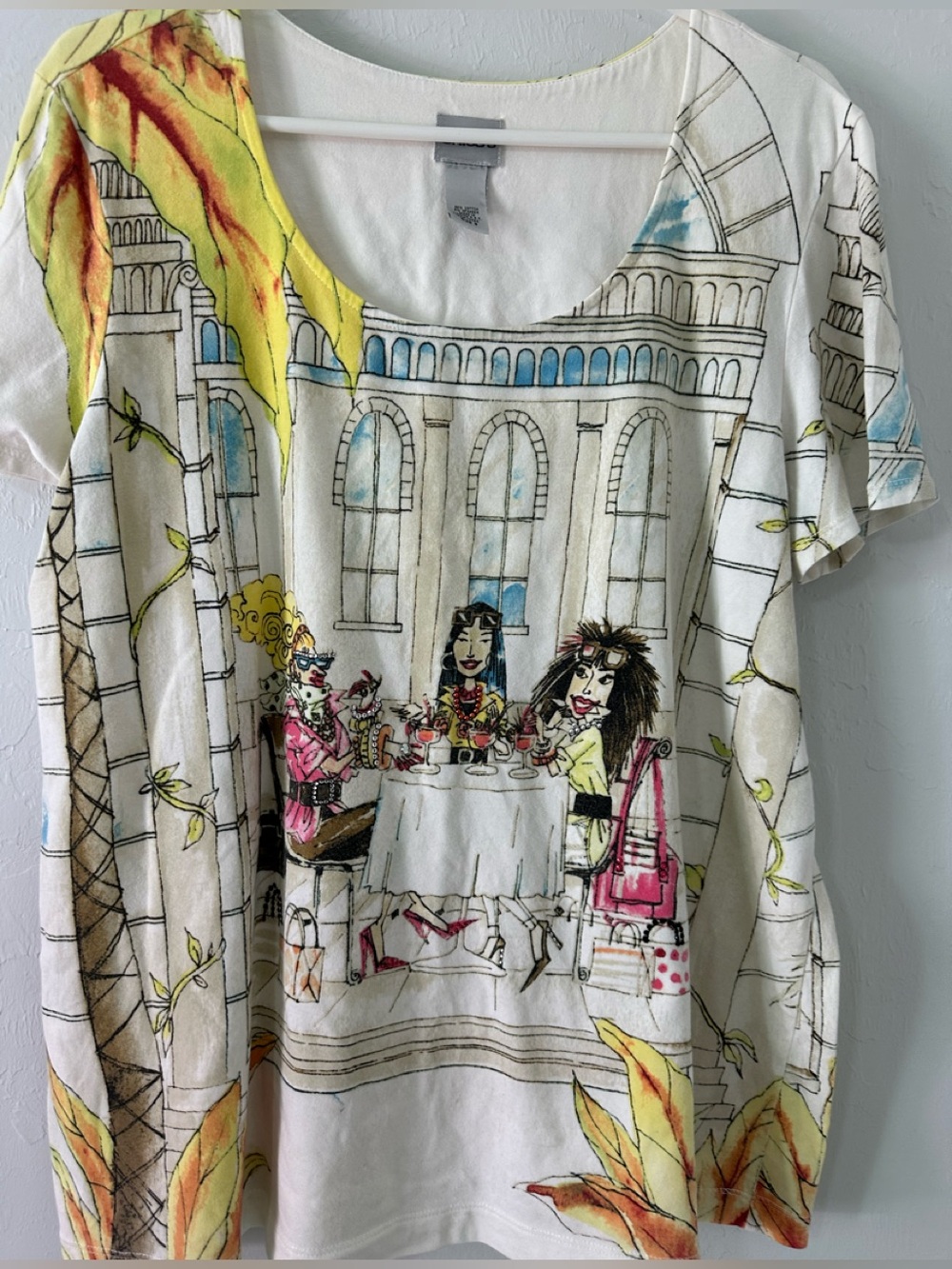 Chico's Art Graphic Rhinestone Beaded Cocktail Scene T-Shirt Size 3 (US XL/16)